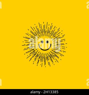 Smiling happy sun with rays. Summer icon. Smile of sun. Good morning logo Stock Vector