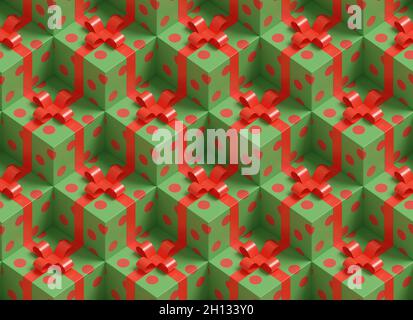 Christmas background. Isometric seamless pattern of green an red gift boxes. 3d illustration. Stock Photo