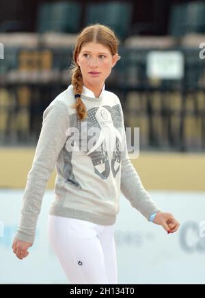 WELLINGTION, FL - FEBRUARY 09: SATURDAY NIGHT LIGHTS:  Jennifer Gates (Bill Gates' daughter) was in great sprits as she made some funny faces for the camera man before she participated in Class 101 - FEI CSI5* $391,000 Fidelity Investments Grand Prix where the winner was Martin Fuchs (Swiss) second place was Kent Farrington (USA) and third was Conor Swail (IRE). The Winter Equestrian Festival (WEF) is the largest, longest running hunter/jumper equestrian event in the world held at the Palm Beach International Equestrian Center on February 09, 2019  in Wellington, Florida. People:  Jennifer Gat Stock Photo