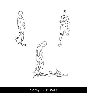 physically disabled male athlete with prosthetic legs  illustration vector isolated on white background line art. Stock Vector