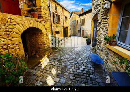 Oingt village in Beaujolais land and his small steet Stock Photo