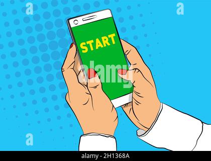 Start text on Smartphone screen. Cartoon vector illustrated mobile phone. Stock Vector