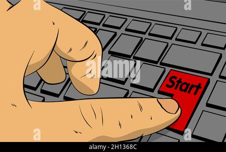 Start word on computer keyboard. Man push keypad on laptop. Comic book style concept. Stock Vector