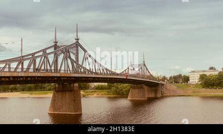 View of the old Volzhsky Bridge over the Volga River in Tver, Russia. Stock Photo