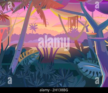 Jungle creepers. Dense thickets. Morning sunrise dawn or evening sunset. View from the forest. Southern Rural Scenery. Tropical forest panorama. Illus Stock Vector