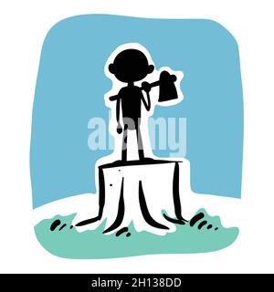 A man with axe on tree stump illustration Stock Vector