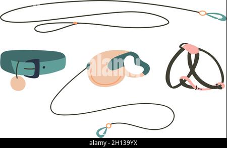 Set of Leashs, harness and .collar for pet. Objects isolated on white background, cartoon style. Vector illustration Stock Vector