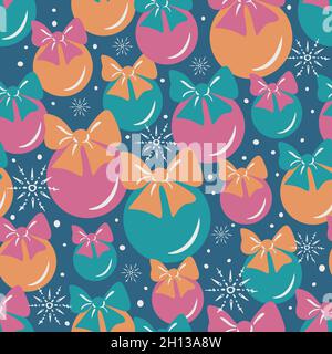 Vector seamless pattern with different sizes Christmas balls. Design with baubles and snowflakes. Stock Vector