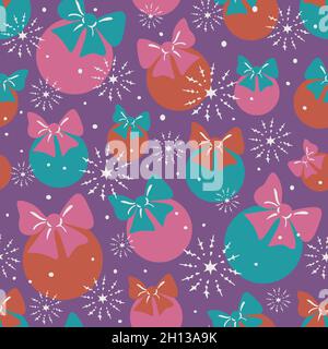 Vector seamless pattern with Christmas balls with bow knots. Christmas balls and snowflakes on purple background. Stock Vector