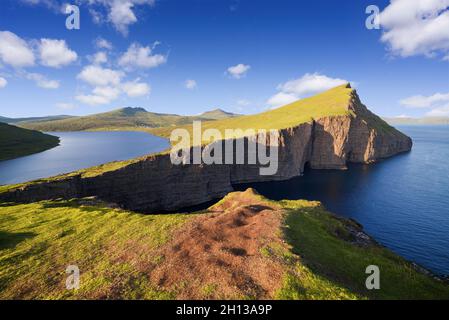 View of Lake Leitisvatn or Sorvagsvatn on Vagar Island, Faroe Islands Stock Photo