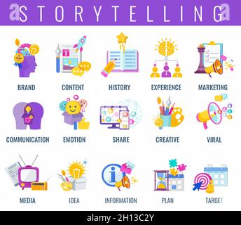 Brand storytelling icons set. Brand connection with customers. Stock Vector