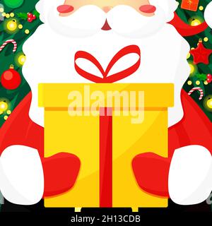 Santa holding gift box in hands on the Christmas tree background. Vector illustration card flat. Stock Vector