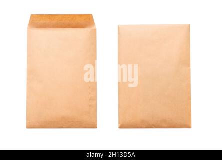 Two sides of brown paper envelope A4 size, top view, isolated on white Stock Photo