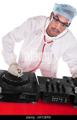 Mad African musician singer with stethoscope playing doctors  with a DJ music system Stock Photo