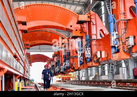 (211016) -- QIAN'AN, Oct. 16, 2021 (Xinhua) -- Engineers check equipment at the construction site of a 'road-to-rail' project in Qian'an Ctiy, north China's Hebei Province, Sept. 16, 2021. Qian'an in Hebei Province is a major county in steelmaking industry in north China, with a large transportation demand for raw materials such as iron ore, coal and coke. In order to reduce pollution and traffic congestion caused by road transportation of bulk goods, special railway lines for key iron and steel enterprises have been built under a 'road-to-rail' scheme, which paved the way for a greener a Stock Photo