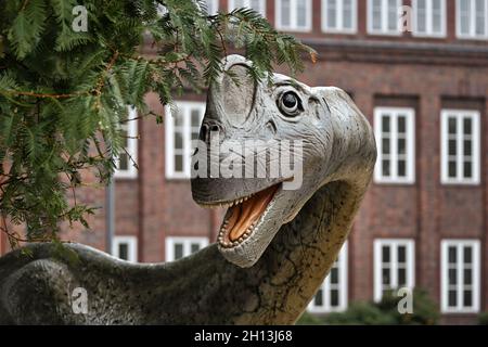 Dinosaur sculpture in front of the State Natural History Museum in Braunschweig, Germany. Scientific zoology museum, founded in 1754. Stock Photo