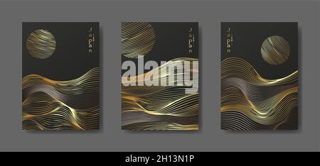 Japanese landscape background set cards gold line wave pattern vector illustration. Golden luxury Abstract template with geometric pattern. Mountain Stock Vector