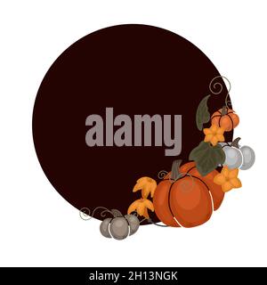 Autumn template with pumpkins, foliage, vine curled, flowers and copy space. Vector round border with flat hand drawn vegetables and floral decoration Stock Vector
