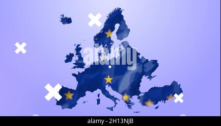 Image of white crosses over eu flag over uk, pixel red hearts, and gold spots of light Stock Photo