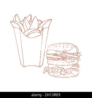 Burger hamburger and french fries wedges, contour, hand drawing, sketch, isolated, white background. Vector illustration Stock Vector