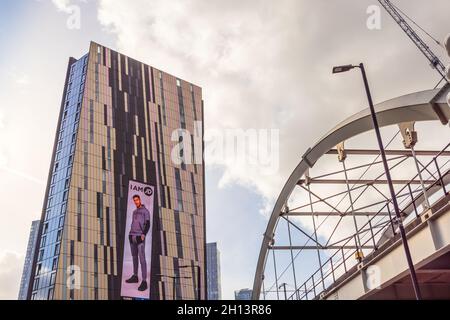 Modern building of Axis Tower, one of the tallest apartment buildings in Manchester. Stock Photo
