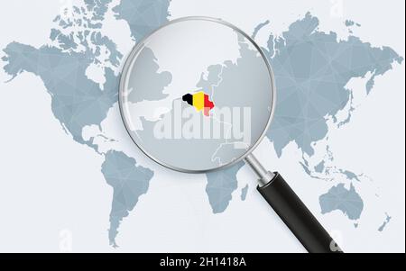 Belgium map with flag in magnifying glass on transparent background ...