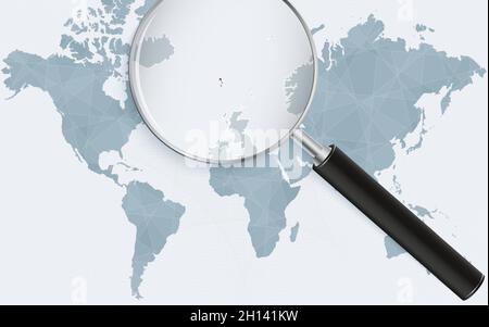 World map with a magnifying glass pointing at Faroe Islands. Map of Faroe Islands with the flag in the loop. Vector illustration. Stock Vector