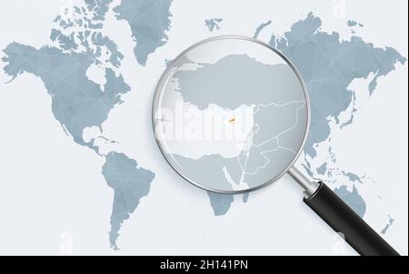 World map with a magnifying glass pointing at Cyprus. Map of Cyprus with the flag in the loop. Vector illustration. Stock Vector