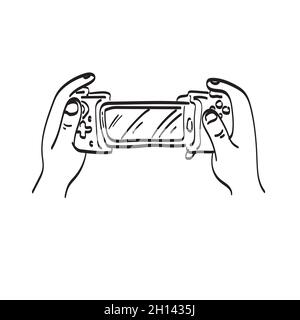 line art joystick for mobile phone in hand illustration vector isolated on white background Stock Vector