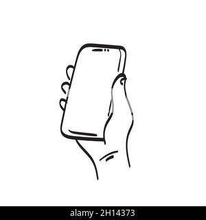 line art mock up hand holding smartphone with blank screen illustration vector isolated on white background Stock Vector