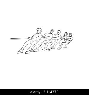 line art team competing in tug of war illustration vector isolated on white background Stock Vector