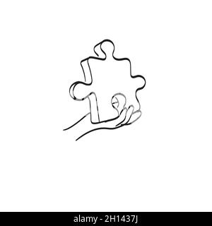 line art closeup hand holding 3D jigsaw puzzle illustration vector isolated on white background Stock Vector
