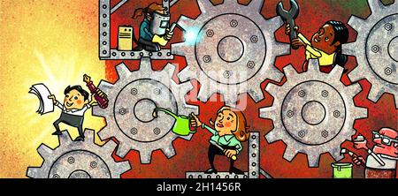 Art, figures working on a machine. Illustrating the concept of cogs in the machine, well-oiled machine, team work, key workers contributing to whole. Stock Photo