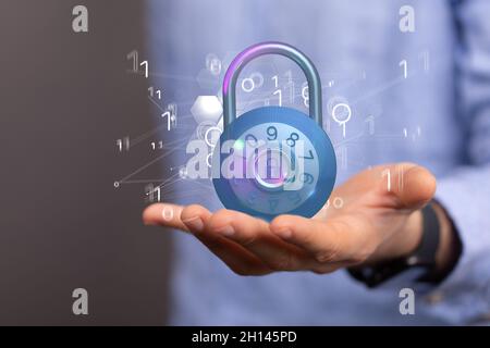 Illustration of a padlock in a hand of a man as cybersecurity and network protection concept Stock Photo