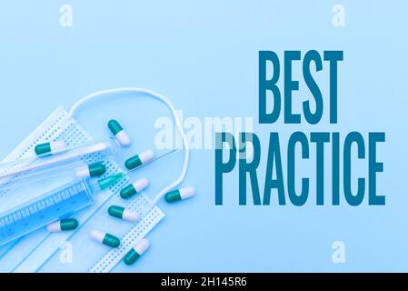 Handwriting text Best Practice. Internet Concept commercial procedures that are accepted prescribed being correct Prescribed Medicine Vitamines And Stock Photo