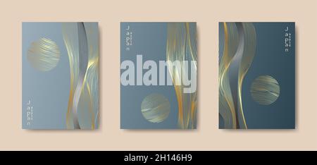Japanese landscape background set cards gold line wave pattern vector illustration. Blue luxury Abstract template geometric wavy texture. Mountain Stock Vector