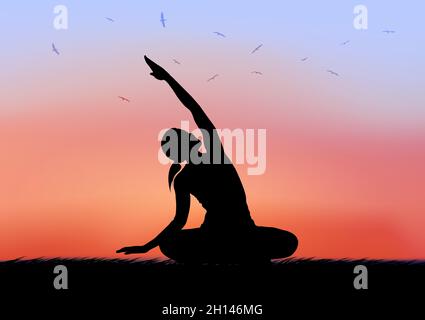 graphics image drawing yoga female with sunrise and mountain