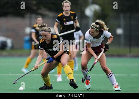 London, UK. 16th Oct, 2021. Action at the Vitality Womens Hockey League Premier game between Wimbledon and Beeston at Raynes Park High School in London, England. Credit: SPP Sport Press Photo. /Alamy Live News