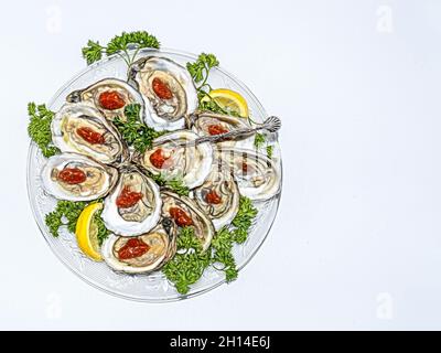 Colorful Abstract Designed plate of oysters on the half shell with green parsley garnish, red cocktail sauce and yellow lemons on a white background. Stock Photo
