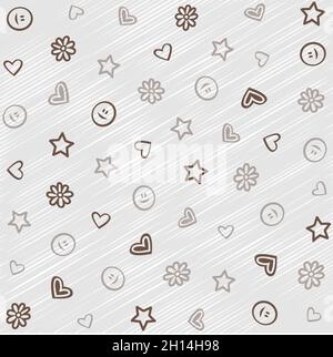 Patterns with flowers, hearts, smileys and stars on gray background. Stock Vector