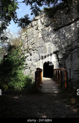 The entrance to the hidden caves of Grenoble mountains. A nature hike in the hills of the French Alps Stock Photo