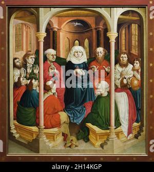 Descent of the Holy Spirit upon the Apostles depicted on the wing of the Wurzach Altarpiece by German medieval painter Hans Multscher (1437) on display in the Berliner Gemäldegalerie (Berlin Picture Gallery) in Berlin, Germany. Stock Photo