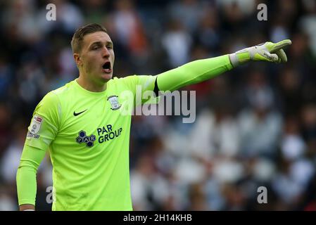 Preston, UK. 16th Oct, 2021. Preston North End Goalkeeper Daniel Iversen shouts instructions. EFL Skybet Championship match, Preston North End v Derby County at Deepdale Stadium in Preston on Saturday 16th October 2021. this image may only be used for Editorial purposes. Editorial use only, license required for commercial use. No use in betting, games or a single club/league/player publications.pic by Chris Stading/Andrew Orchard sports photography/Alamy Live News Credit: Andrew Orchard sports photography/Alamy Live News Stock Photo