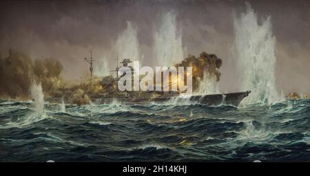 Painting 'Last battle of the Bismarck' by German painter Claus Bergen (1949) on display at the exhibition 'Divinely Gifted' in the Gеrmаn Нistоrical Мusеum (Dеutschеs Нistоrischеs Мusеum) in Веrlin, Gеrmany. The painting shows the German Battleship Bismarck on 27 May 1941 a few hours before it was sunk by the Royal Navy in the North Atlantic. The exhibition entitled 'Divinely Gifted' and devoted to National Socialism's favoured artists in the Federal Republic of Germany runs till 5 December 2021. Stock Photo