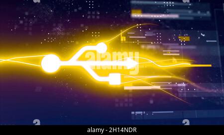 Abstract animation of golden usb flash drive with virus inserting in the laptop and hacking the factory system. Hacking software Stock Photo