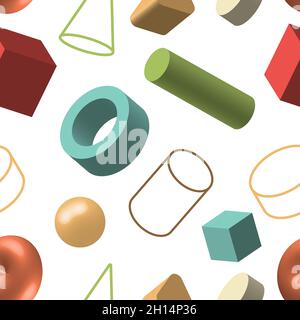 Set of 3D geometric shapes bright color seamless pattern isolated on white background. Vector graphic illustration Stock Vector
