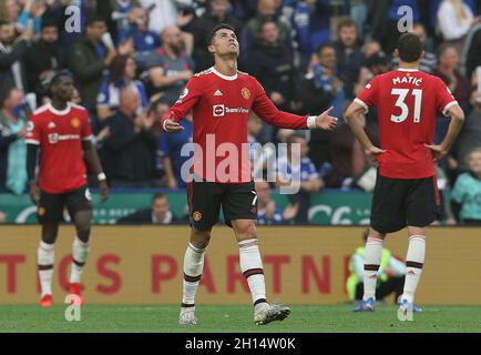 Leicester, England, 16th October 2021.  Cristiano Ronaldo of Manchester United reacts during the Premier League match at the King Power Stadium, Leicester. Picture credit should read: Darren Staples / Sportimage Stock Photo