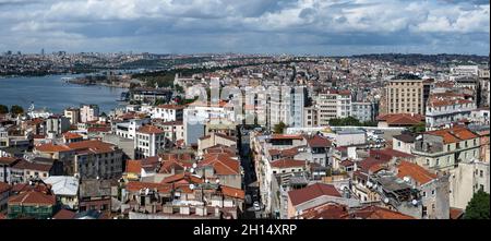 ISTANBUL, TURKEY - OCTOBER 12 ,2021: Istanbul city view from Galata tower in Turkey. Golden Horn bay of Istanbul and view on Ataturk Bridge and Halic Stock Photo