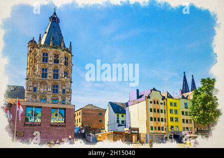 Watercolor drawing of Cologne: City Hall Rathaus tower with spire and clock and colorful buildings on Alter Markt square in historical centre, blue sk Stock Photo