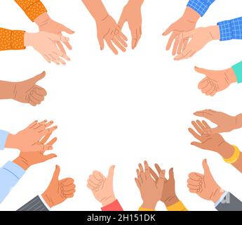 Clapping human hands with thumbs up. Group of men and women congratulates a winner. Business team applauding for great successful work. Teamwork and t Stock Vector